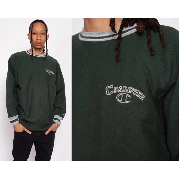 90s Champion‎ Reverse Weave Striped Trim Sweatshirt - Men's Large - Picture 1 of 7